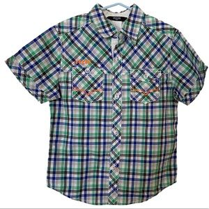 GUESS JEANS Short Sleeve Button Front Blue White Plaid Shirt Size 5/6